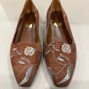 Allure Brown Suede Floral Embroidered Pointed-Toe Flats
